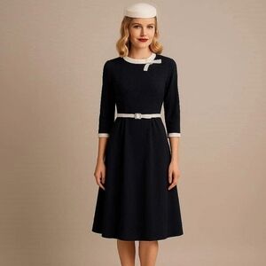 NWT Vintage Deadstock Black Midi Dress With Off White Accents by SHOMI size 10